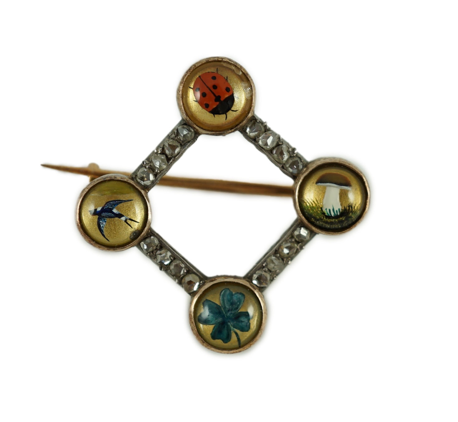 A late 19th Viennese gold, Essex crystal and rose cut diamond set diamond shaped brooch